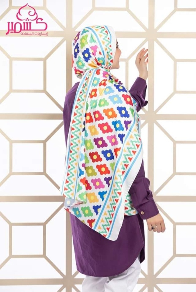Turkish satin scarf, multi-colored with a white background
