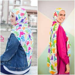 Small sized white scarf with colorful dinosaurs