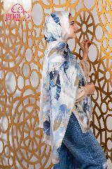 Light blue leaf pattern satin scarf with a cafe colored border