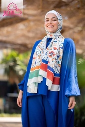 Scarf with colors blue, mint green, and orange, on a white background