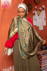 Satin scarf printed with olive colors and dark green border