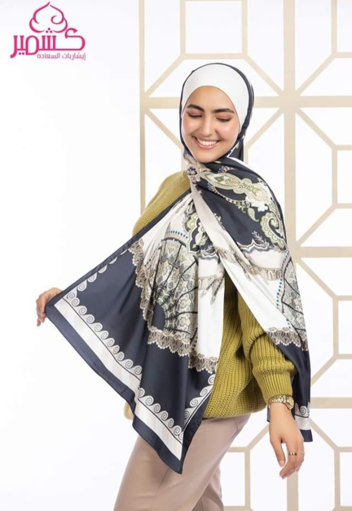 Turkish satin scarf with beige, black, and white colors