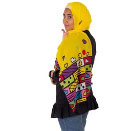 Small sized yellow scarf with colorful drawings